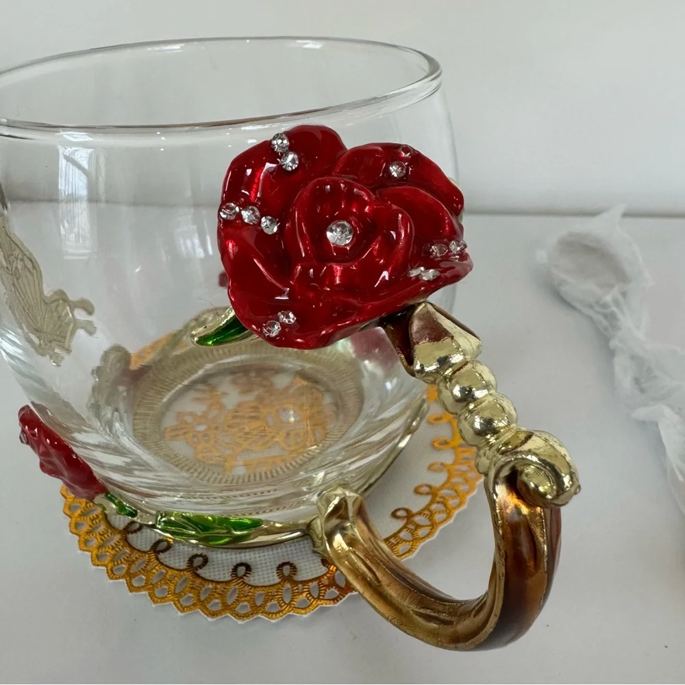 Rose and Butterly, Enamel, Glass Coffee/Tea Cup with Embellished Spoon